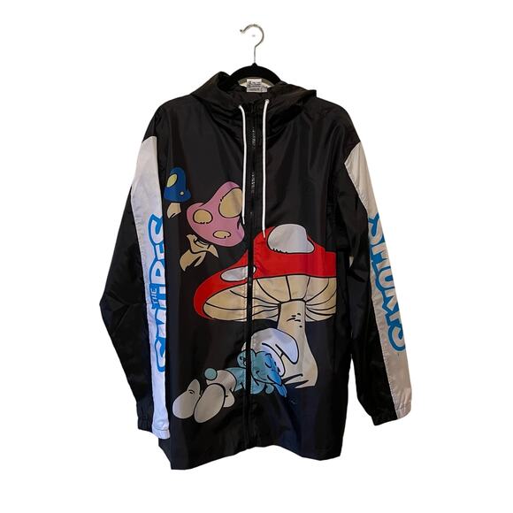 The Smurfs XL black blue long sleeve jacket raincoat hoodie polyester fandom - Picture 1 of 7